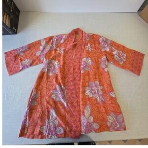 Sigrid Olsen Silk Kimono Robe Floral Batik Duster S/M Orange Pink Boho Luxury